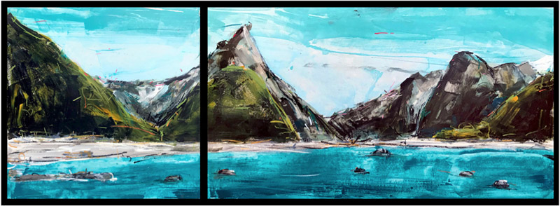 Christian Nicolson nz abstract landscape art, Fiordland, acrylic on board, resin